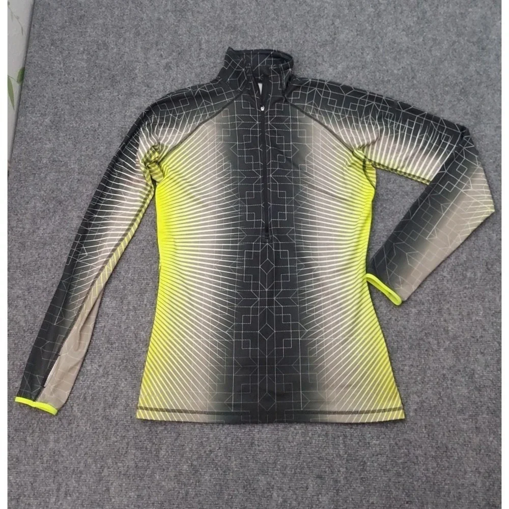 Nike Pro Running Top Jacket Women's Large Black Yellow Allover Print Thumbholes